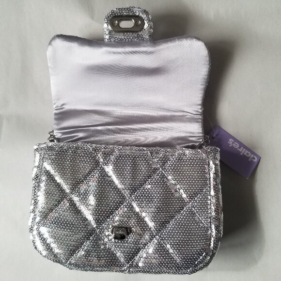 Claire's Silver Sequined Purse / Bag with silver chain strap - Picture 3 of 8